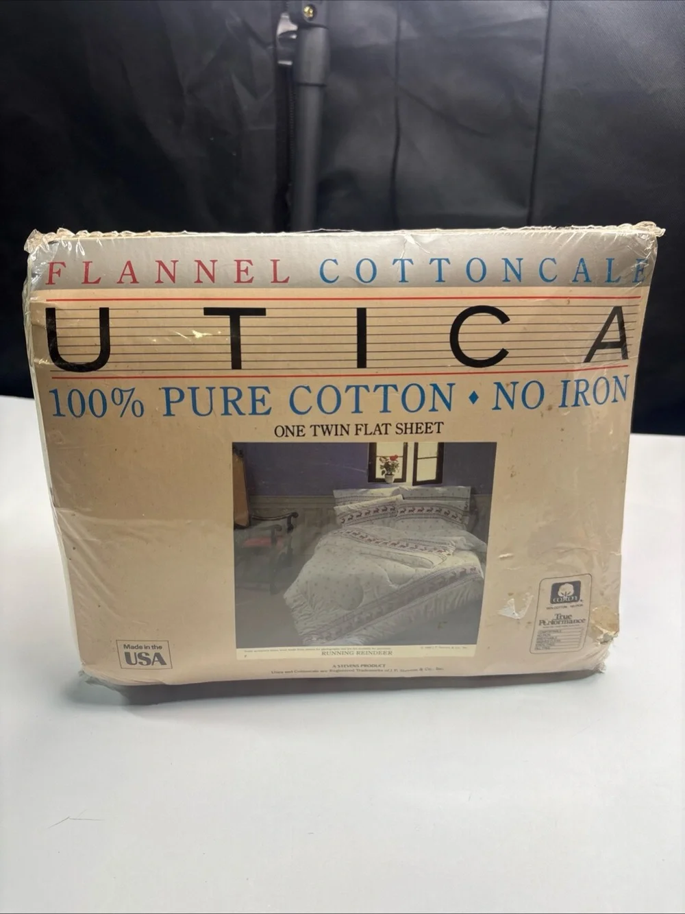 Utica Stevens Flannel Cotton Running Reindeer Twin Flat Sheet NIP 1986 Vtg